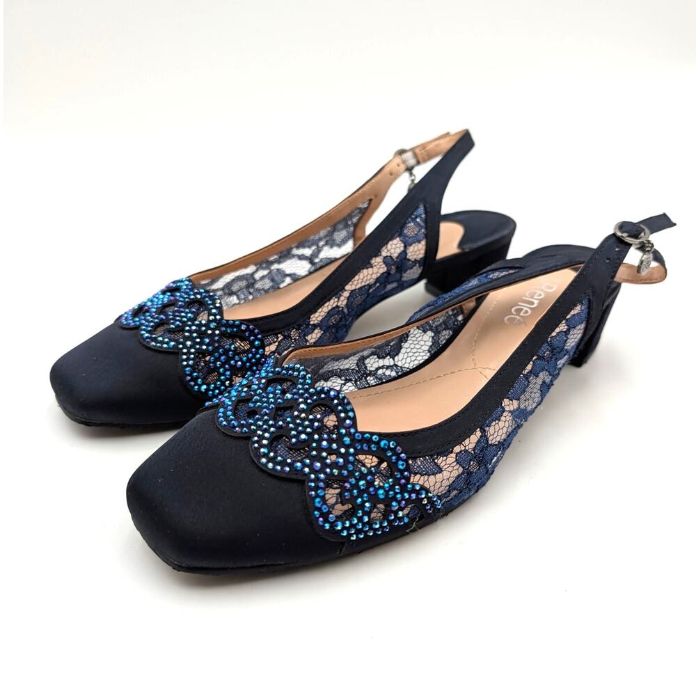 J. Renee Faleece Crystal Embellished Pump Women's Navy Satin Size US7.5M EU37.5